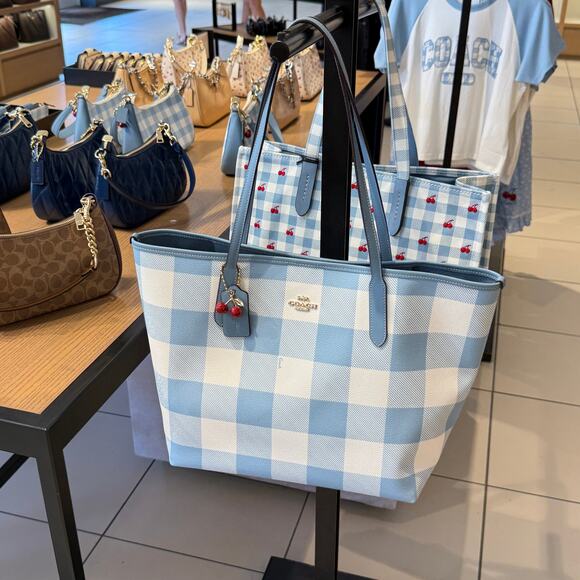 Coach Handbags - Coach City Tote Bag With Gingham Print And Charm CES64 canvas/Gold/Blue Multi